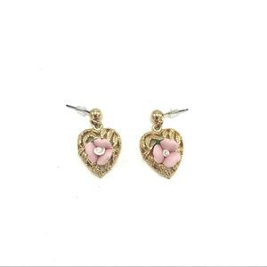 Pink Mini Rose Rosette Flower Gold Tone Small Dangle Earrings
